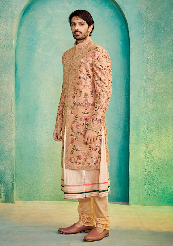 Rust Raw Silk Sherwani Kurta with All-Over Machine Work & Hand Work Touch-Up