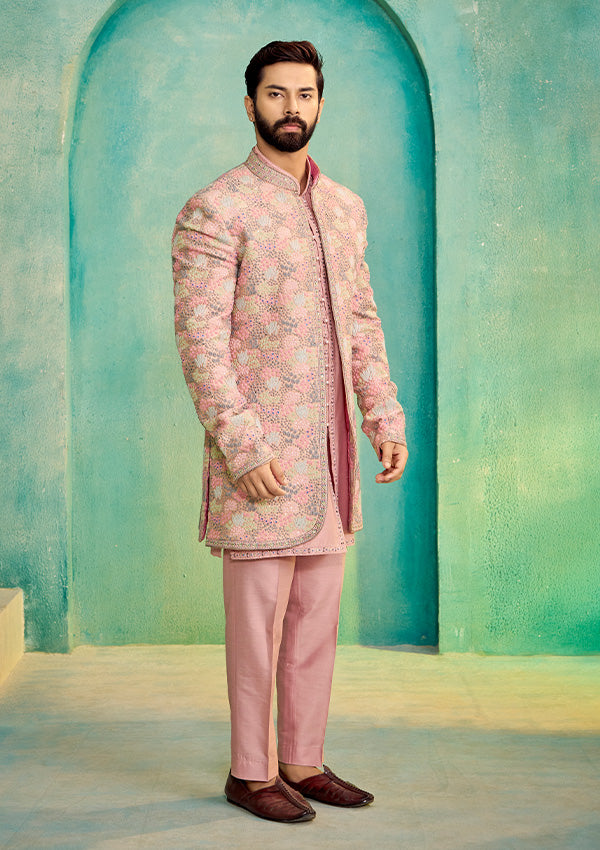 Multi-Colour Chanderi Silk Indo-Western Kurta with Embroidered Collar & Two-Panel Detailing