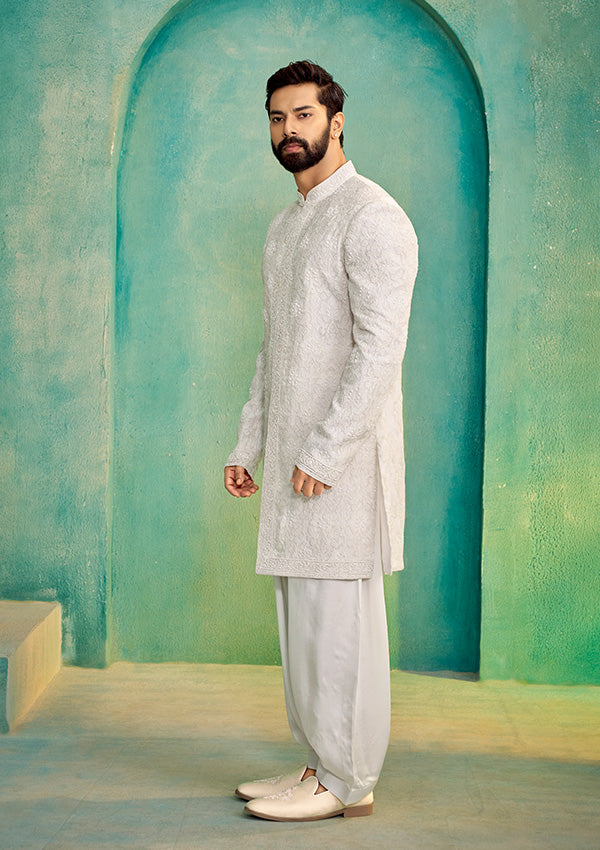 Off White Embroidered Indo-Western with Patch Work
