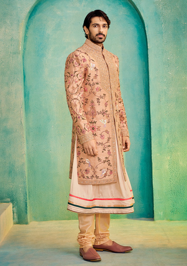 Rust Raw Silk Sherwani Kurta with All-Over Machine Work & Hand Work Touch-Up