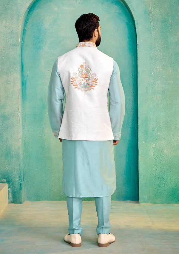 Off White Raw Silk Koti with Mint Green Cherry Silk Kurta and All-Over Multi-Colour Thread Work.