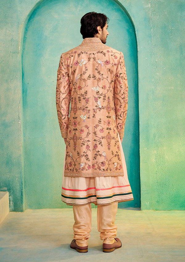 Rust Raw Silk Sherwani Kurta with All-Over Machine Work & Hand Work Touch-Up