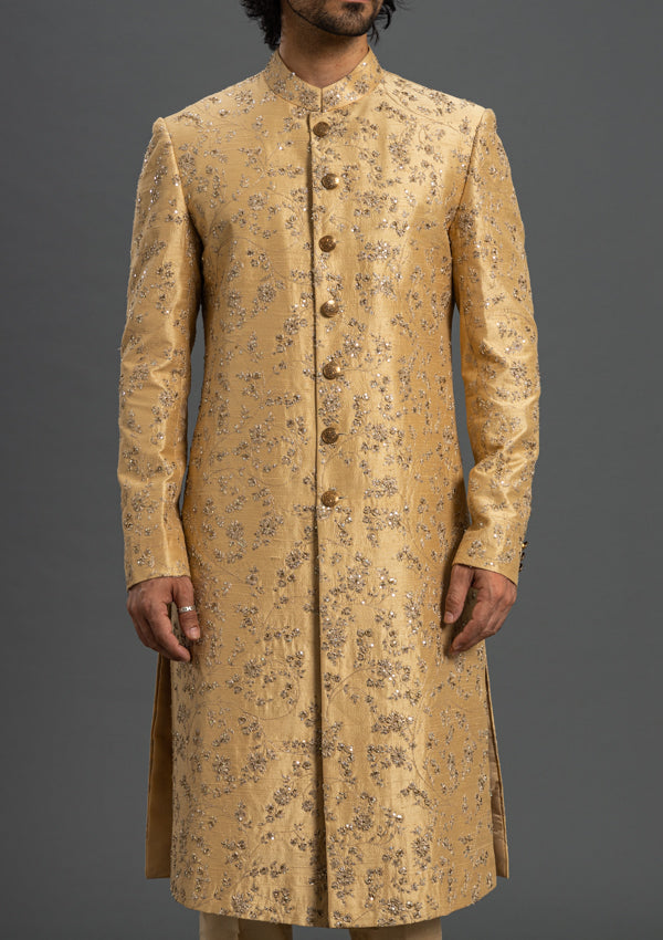 Gold Raw Silk Sherwani With Zardozi and Threadwork