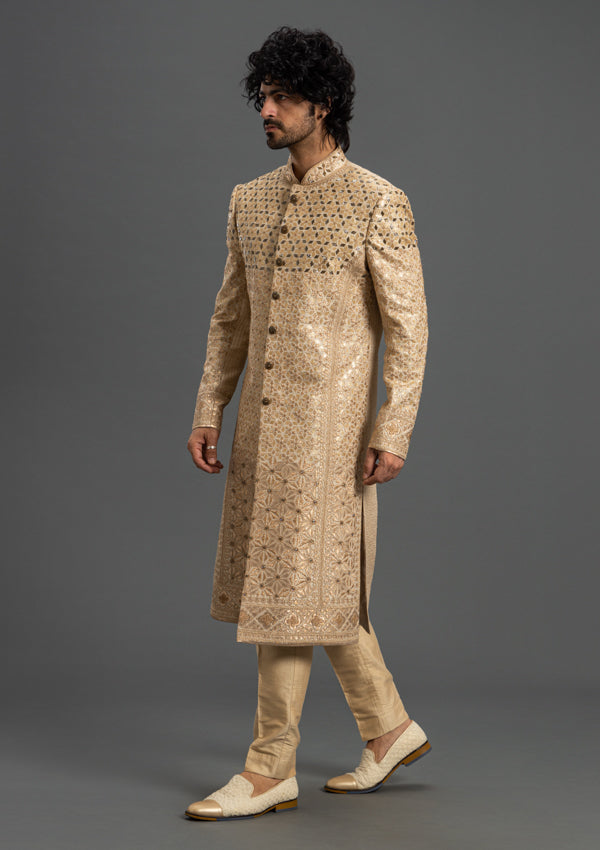 Gold Raw Silk Sherwani With Embroidery and Pita Work