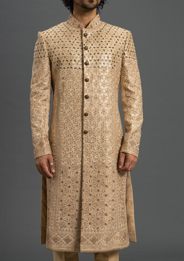 Gold Raw Silk Sherwani With Embroidery and Pita Work