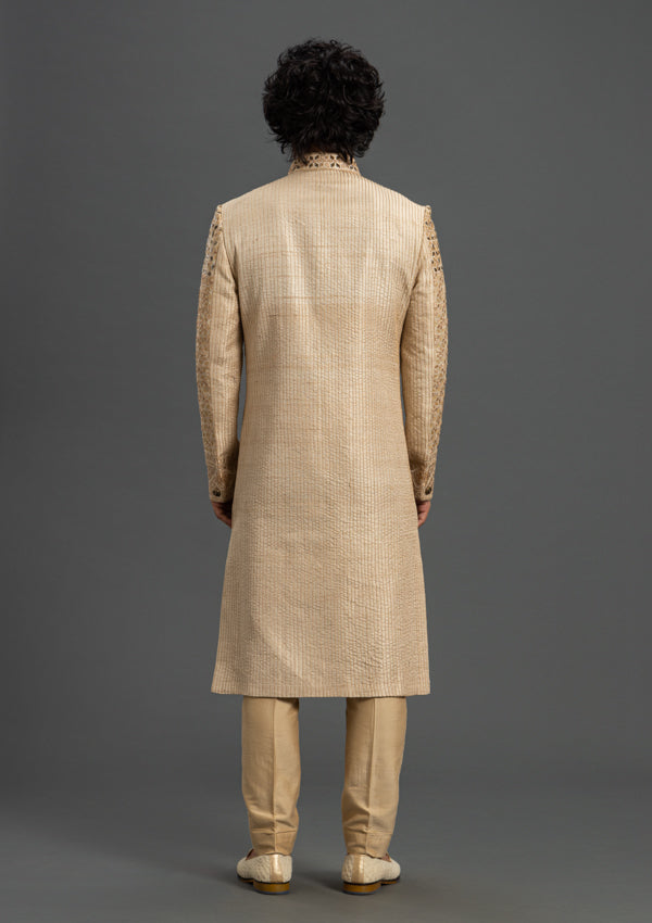 Gold Raw Silk Sherwani With Embroidery and Pita Work