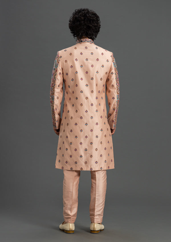 Peach Ananya Silk Sherwani With Embroidery Work