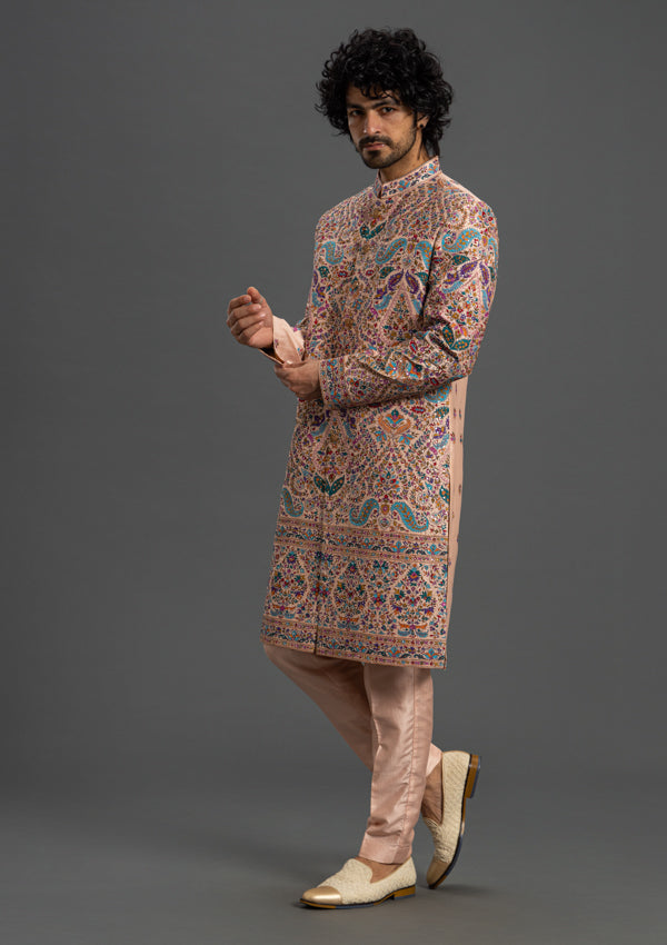 Peach Ananya Silk Sherwani With Embroidery Work