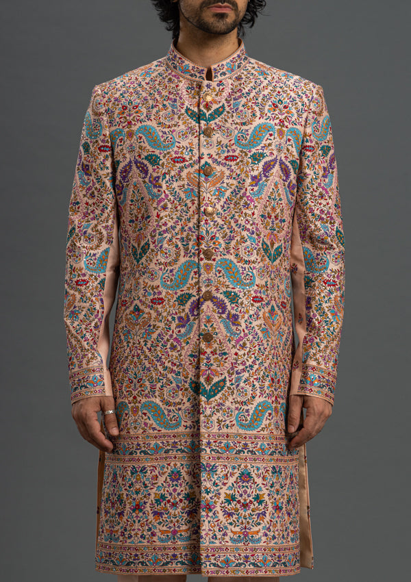 Peach Ananya Silk Sherwani With Embroidery Work