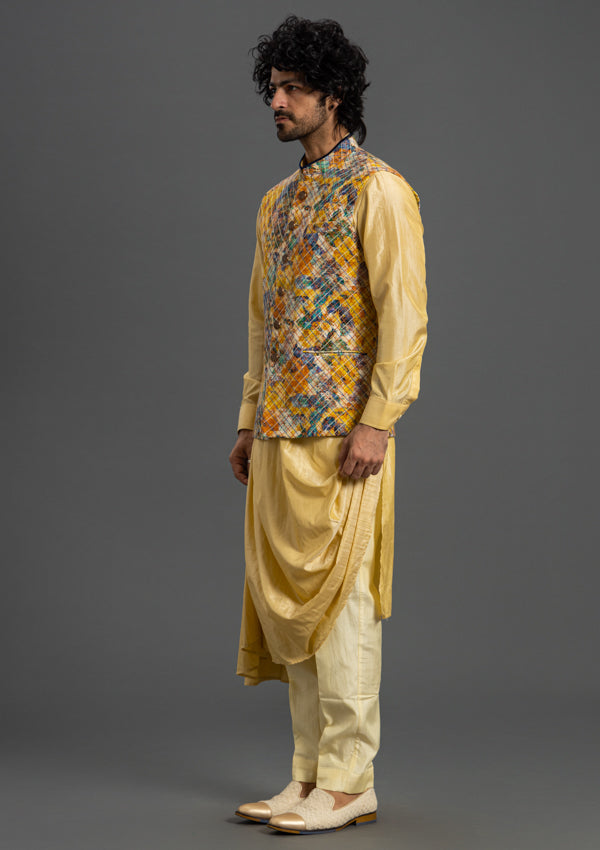 Yellow Silk Bandi Jacket With Stitch Embroidery