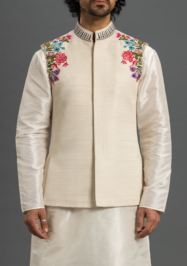 Off White Silk Bandi Jacket with Embroidered and Multi-Coloured Threadwork