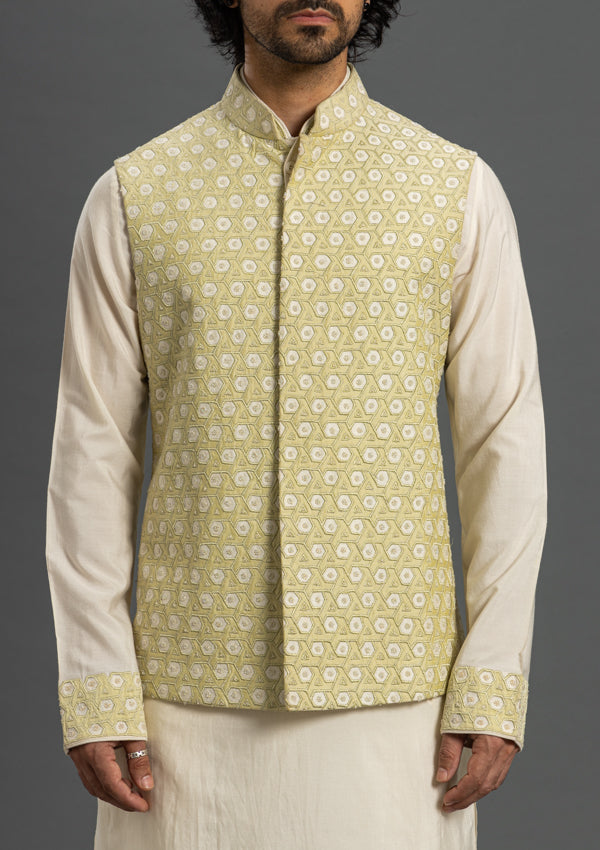 Pista Green Sponge Silk Bandi Jacket With Embroidery Aplic Work