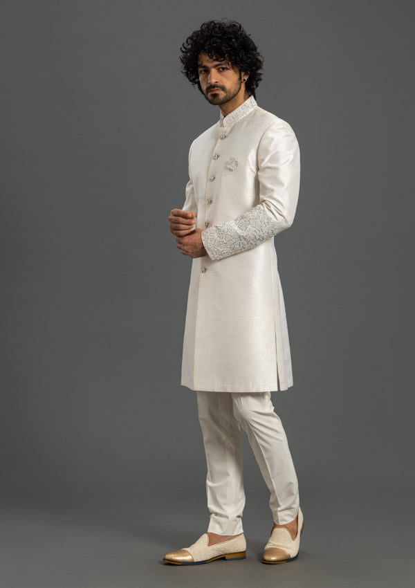 White Silk Sherwani With Moti and Leather Work