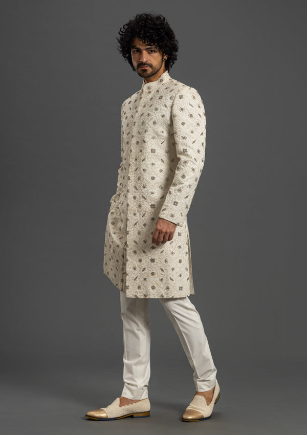 Cream Linen Satin Sherwani With Thread and Zardozi Work