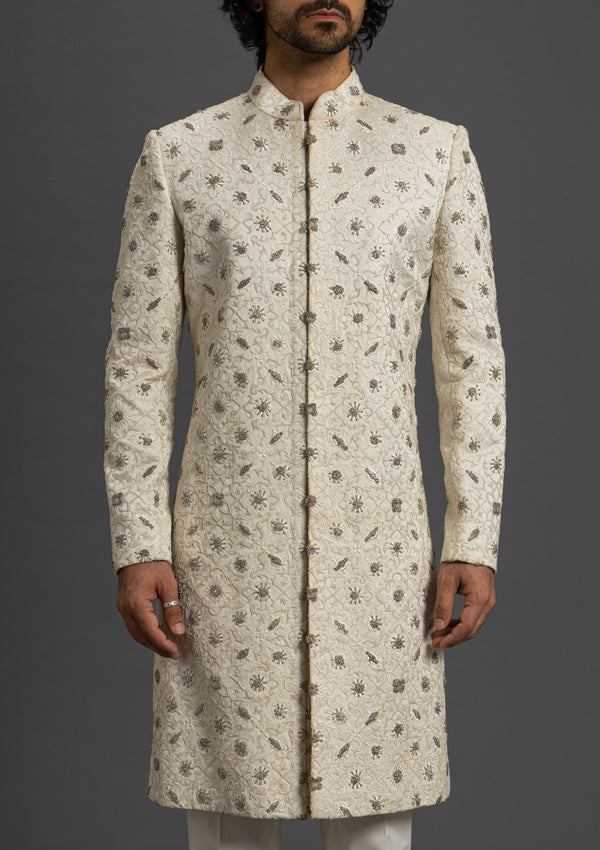 Cream Linen Satin Sherwani With Thread and Zardozi Work