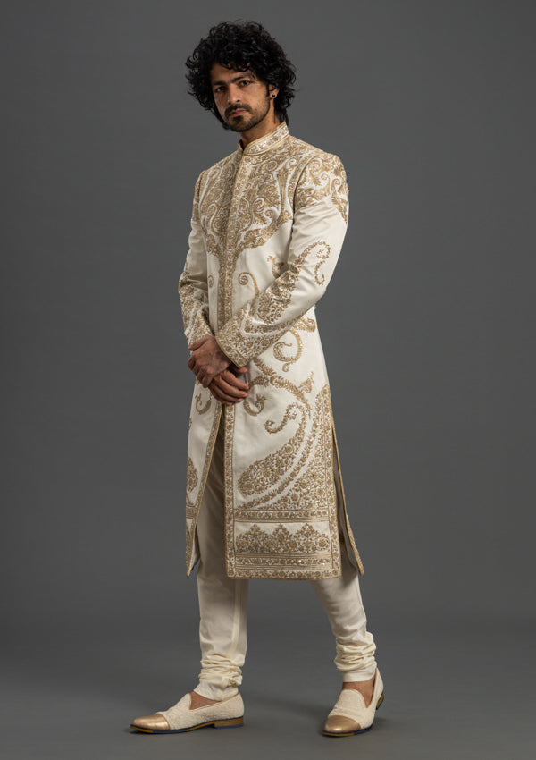 Off White Satin Sherwani With Kasab & Tikki Work