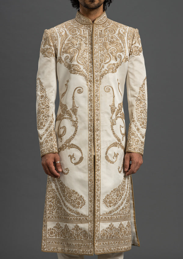 Off White Satin Sherwani With Kasab & Tikki Work