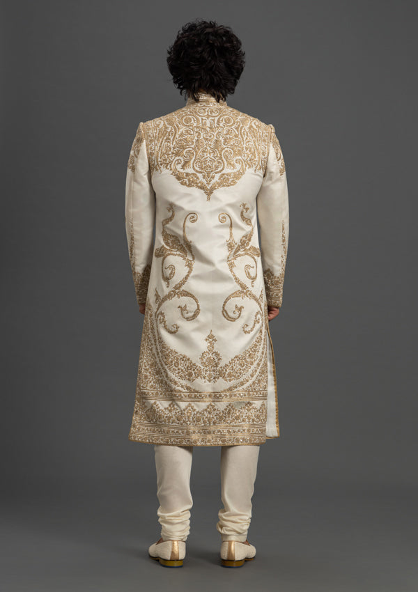 Off White Satin Sherwani With Kasab & Tikki Work