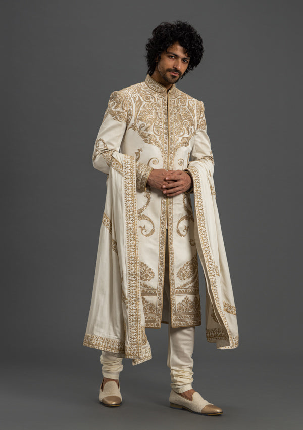 Off White Satin Sherwani With Kasab & Tikki Work