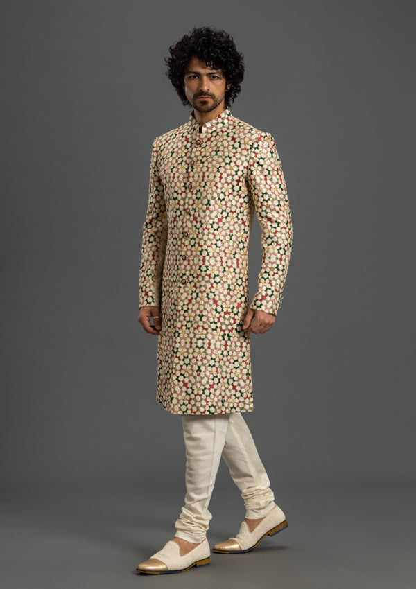 Off White Silk Sherwani With Multicolored Threadwork