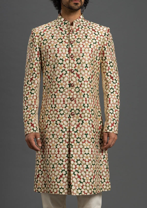 Off White Silk Sherwani With Multicolored Threadwork
