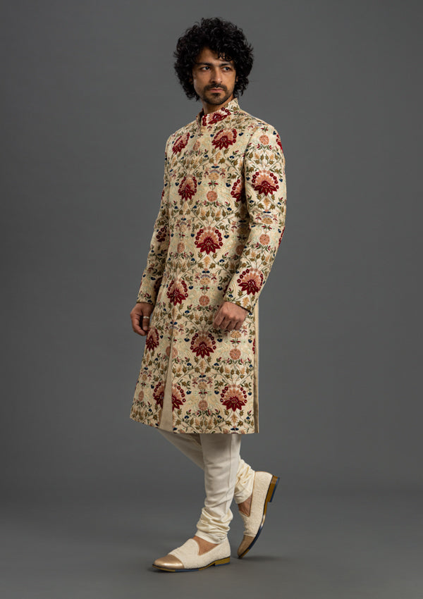 Cream Dupion Silk Sherwani With Threadwork