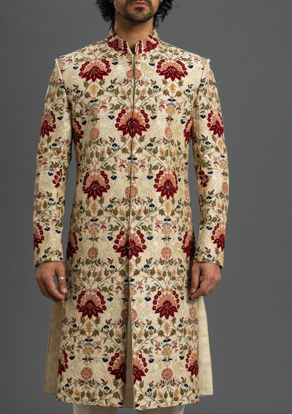 Cream Dupion Silk Sherwani With Threadwork