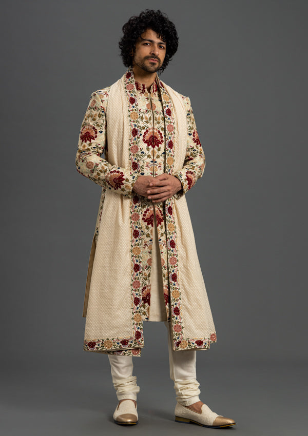 Cream Dupion Silk Sherwani With Threadwork