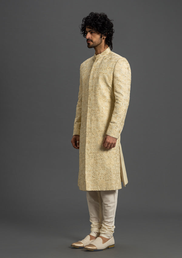 Light Gold Raw Silk Sherwani and Chanderi Silk Dupatta with Threadwork