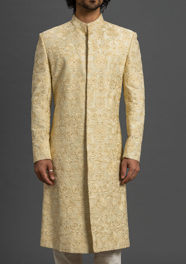 Light Gold Raw Silk Sherwani and Chanderi Silk Dupatta with Threadwork