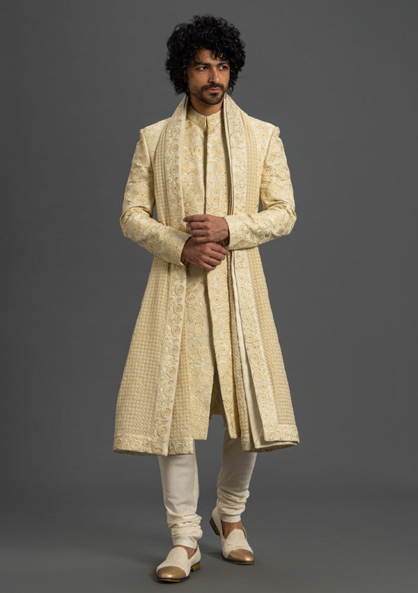 Light Gold Raw Silk Sherwani and Chanderi Silk Dupatta with Threadwork