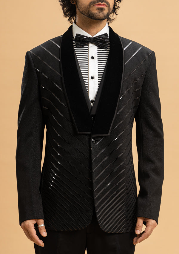 Black Shimmer Italian Fabric Suit with Satin patti Work