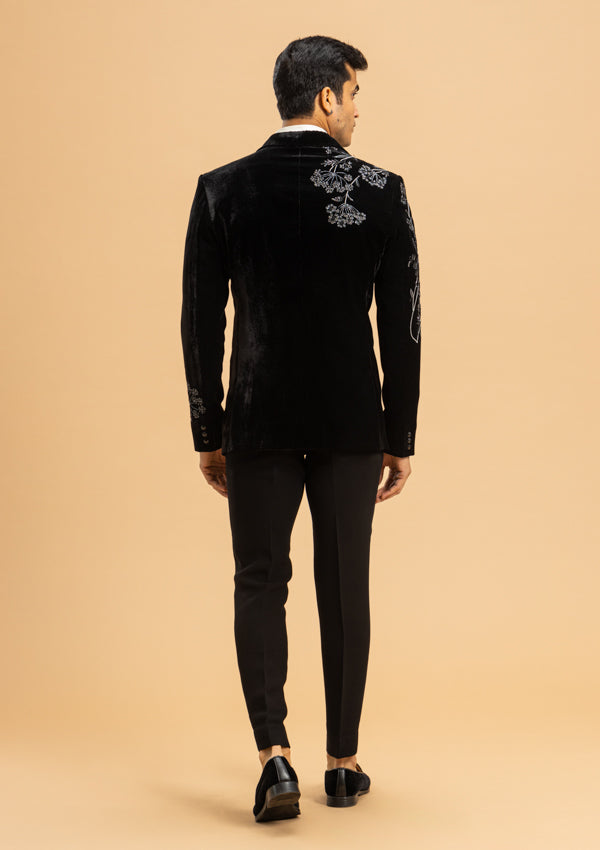 Black Velvet Suit with Silver cut moti & Thread work