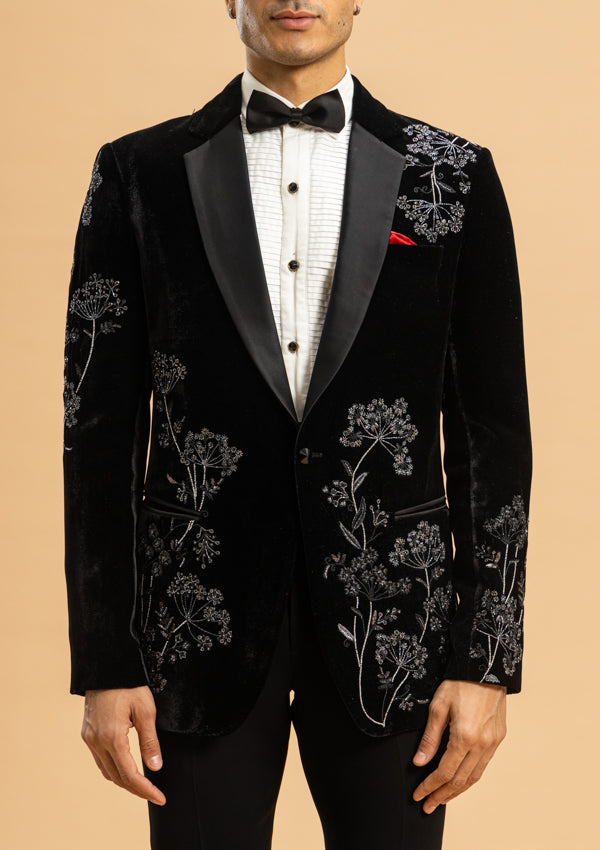 Black Velvet Suit with Silver cut moti & Thread work