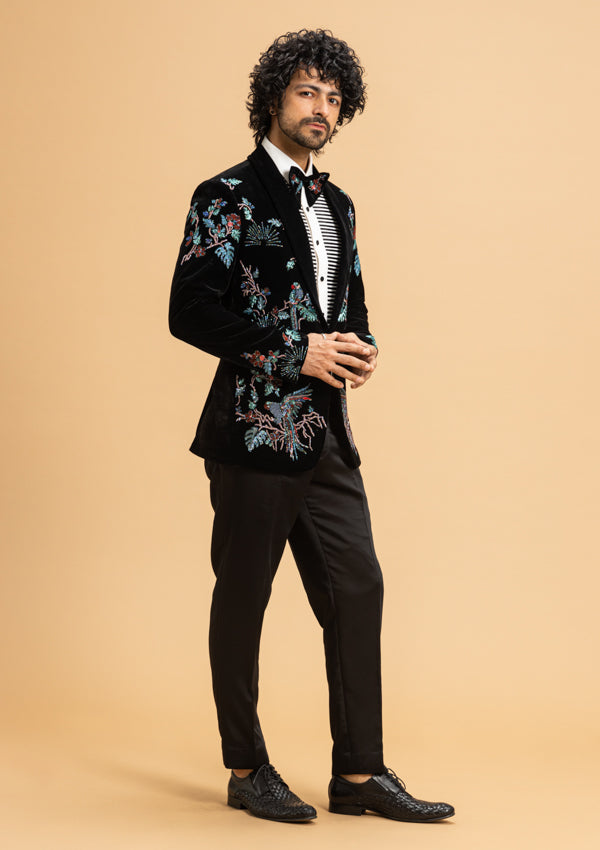 Black Velvet suit with Multi Coloured Cut Dana work