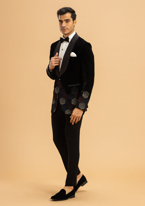 Black Velvet Suit with Embroidery and coloured moti work