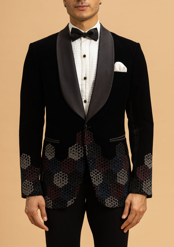 Black Velvet Suit with Embroidery and coloured moti work