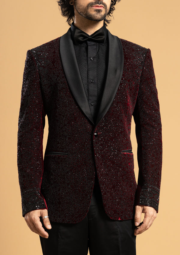 Wine Bumario Suit With Cut Dana Work