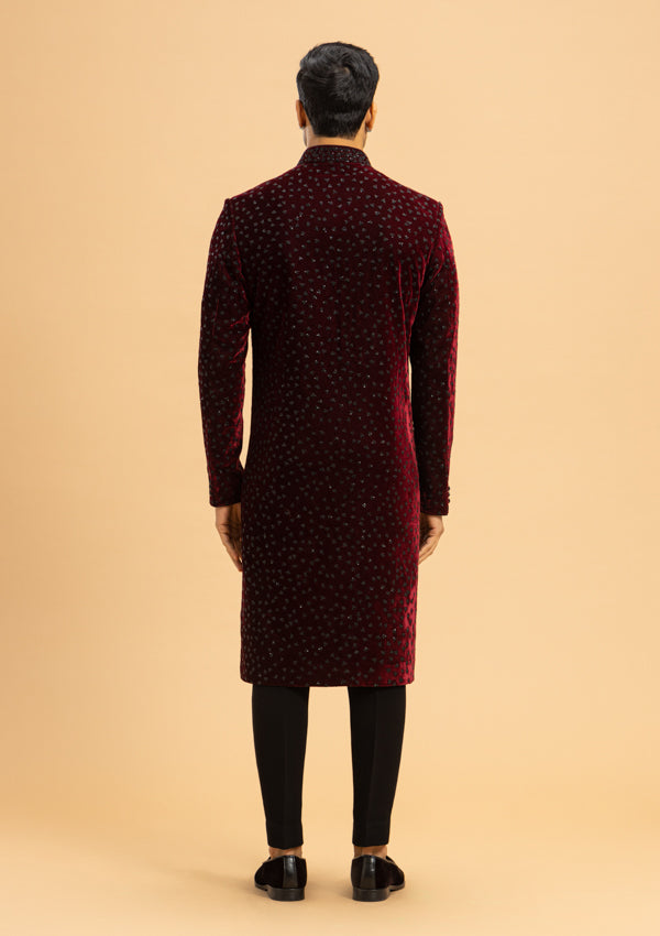 Wine Red Velvet Sherwani with Wi-fi Design