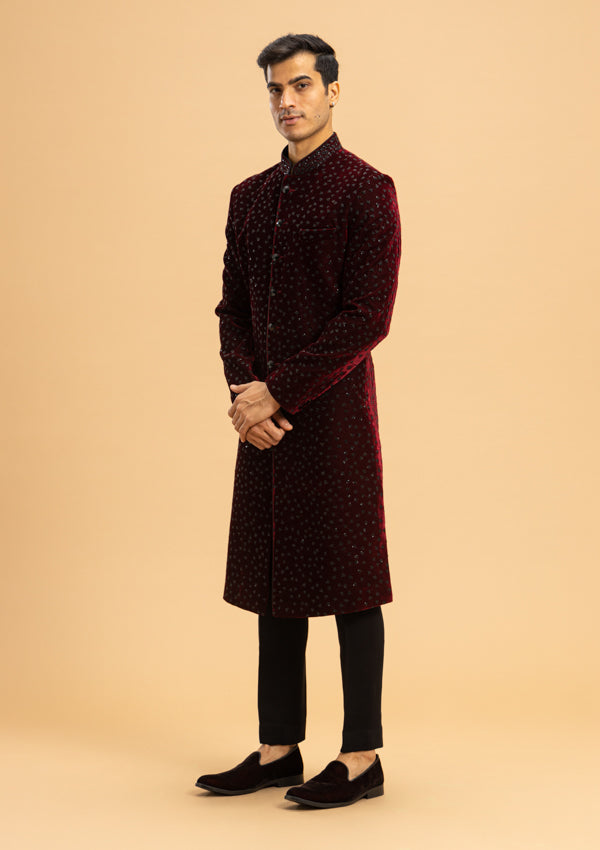 Wine Red Velvet Sherwani with Wi-fi Design