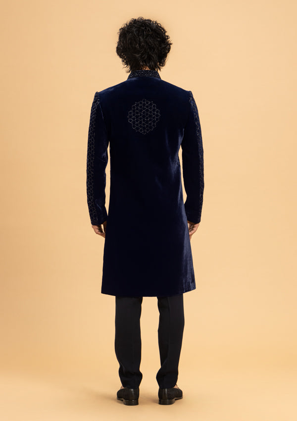 Blue velvet Sherwani with Black Cut Dana work