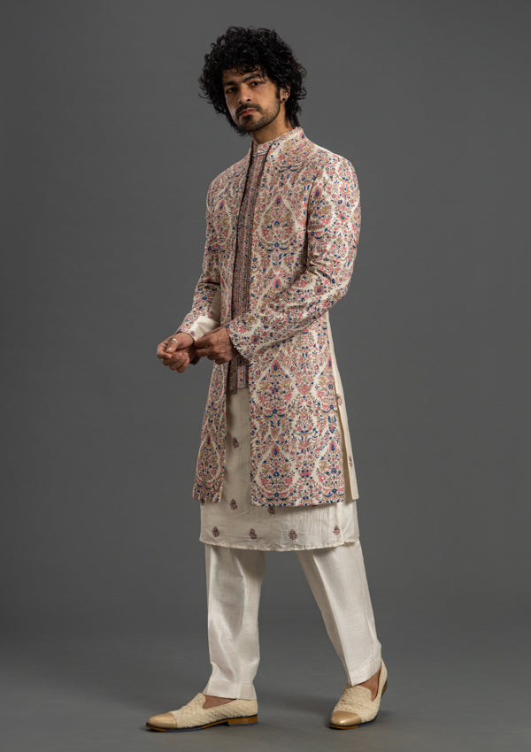 Multicolour Artificial Silk Sherwani With Threadwork