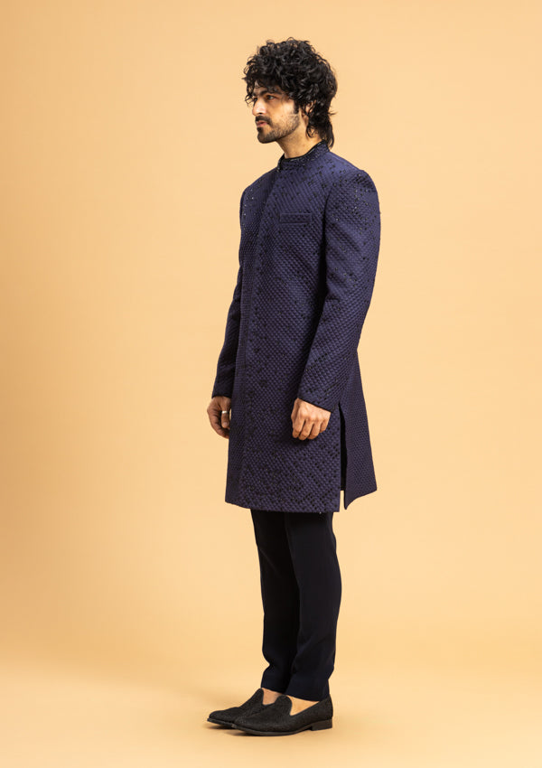 Blue Linen Satin Sherwani with quilting and cut dana work