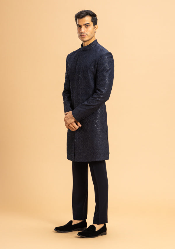 Blue Raw Silk Sherwani With Tikki Work