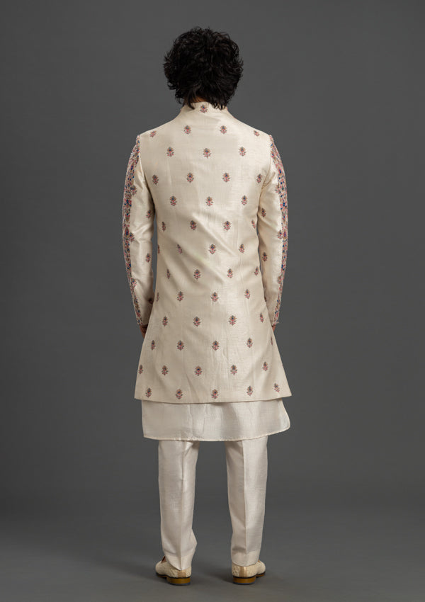 Multicolour Artificial Silk Sherwani With Threadwork