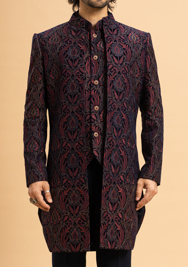 Blue Velvet Indowestern With Threadwork