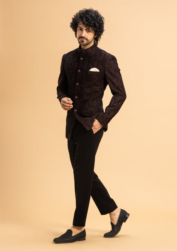 Brown Velvet Bandhgala with print