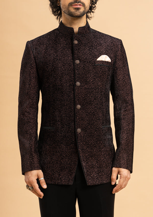 Brown Velvet Bandhgala with print