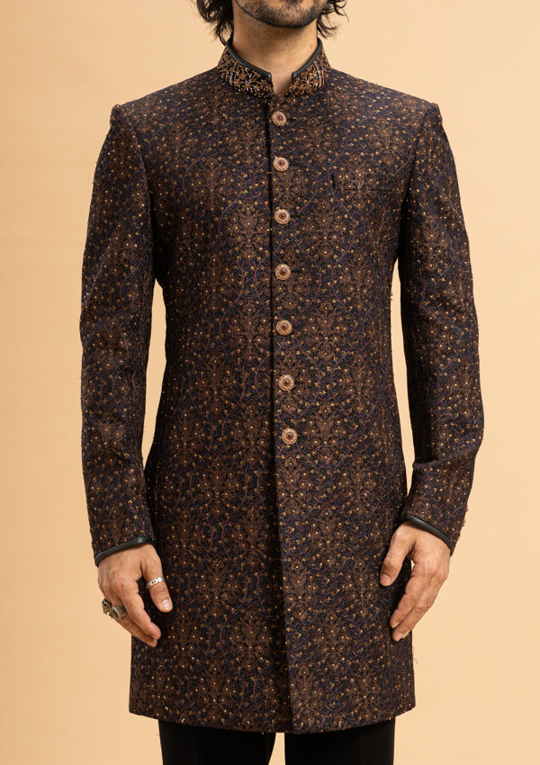 Brown Silk Embroidered Indowestern With Cut Dana Work