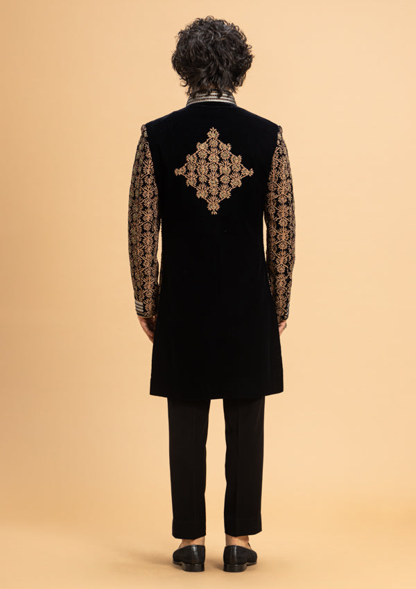 Black Velvet sherwani with Swarovski and Resham work